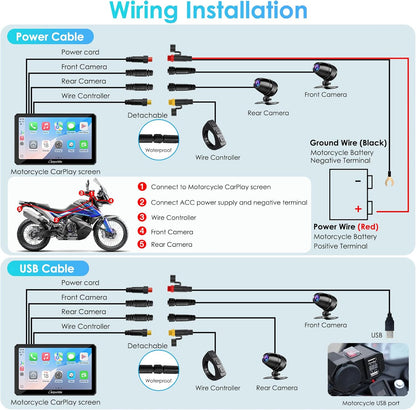 Motorfiets Carplay Scherm – Motor GPS Display – Motor Touchscreen – Draadloze Smartphone Integratie – Motor Dashcam Systeem – 7 Inch Waterdicht IPS Touchscreen – Dubbele 1080P HD Dashcams Voor en Achter