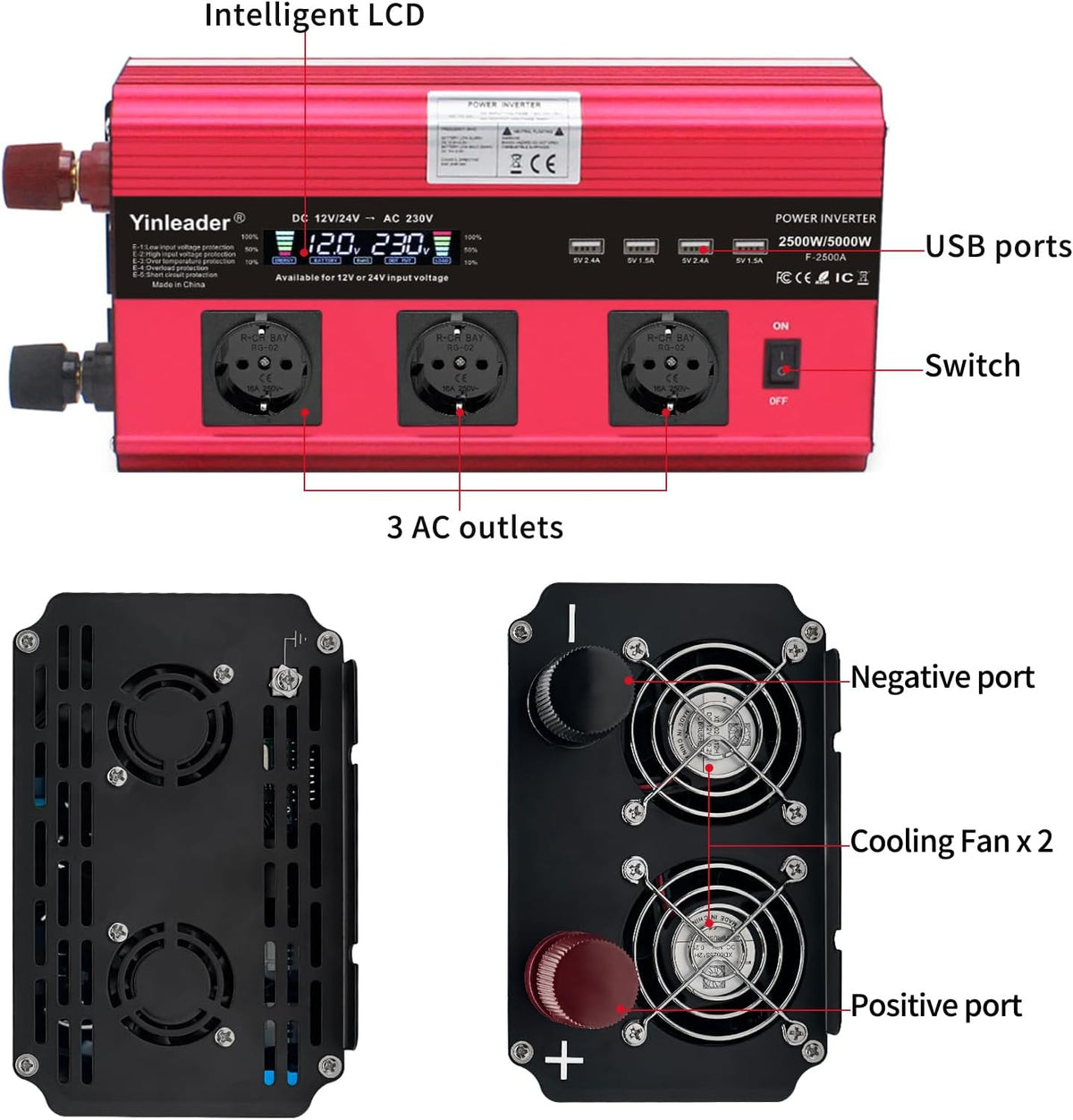 Yinleader 12V/24V naar 230V 2500W / 5000W omvormer LCD 3 EU stopcontacten 4 USB