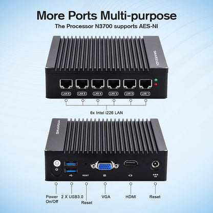 Firewall Mini PC – Micro Firewall Appliance – Netwerkbeveiliging Router – Fanless Mini PC – Embedded Security Device – Intel N3700 4 Cores – 6x Intel 2.5GbE Poorten, Stille Koeling