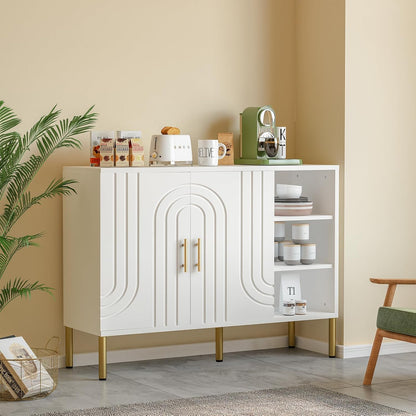 Buffetkast met gebogen texturen | Multifunctionele Sideboard - 2 deuren & 3 planken | Crème kleur 110x35x82 cm