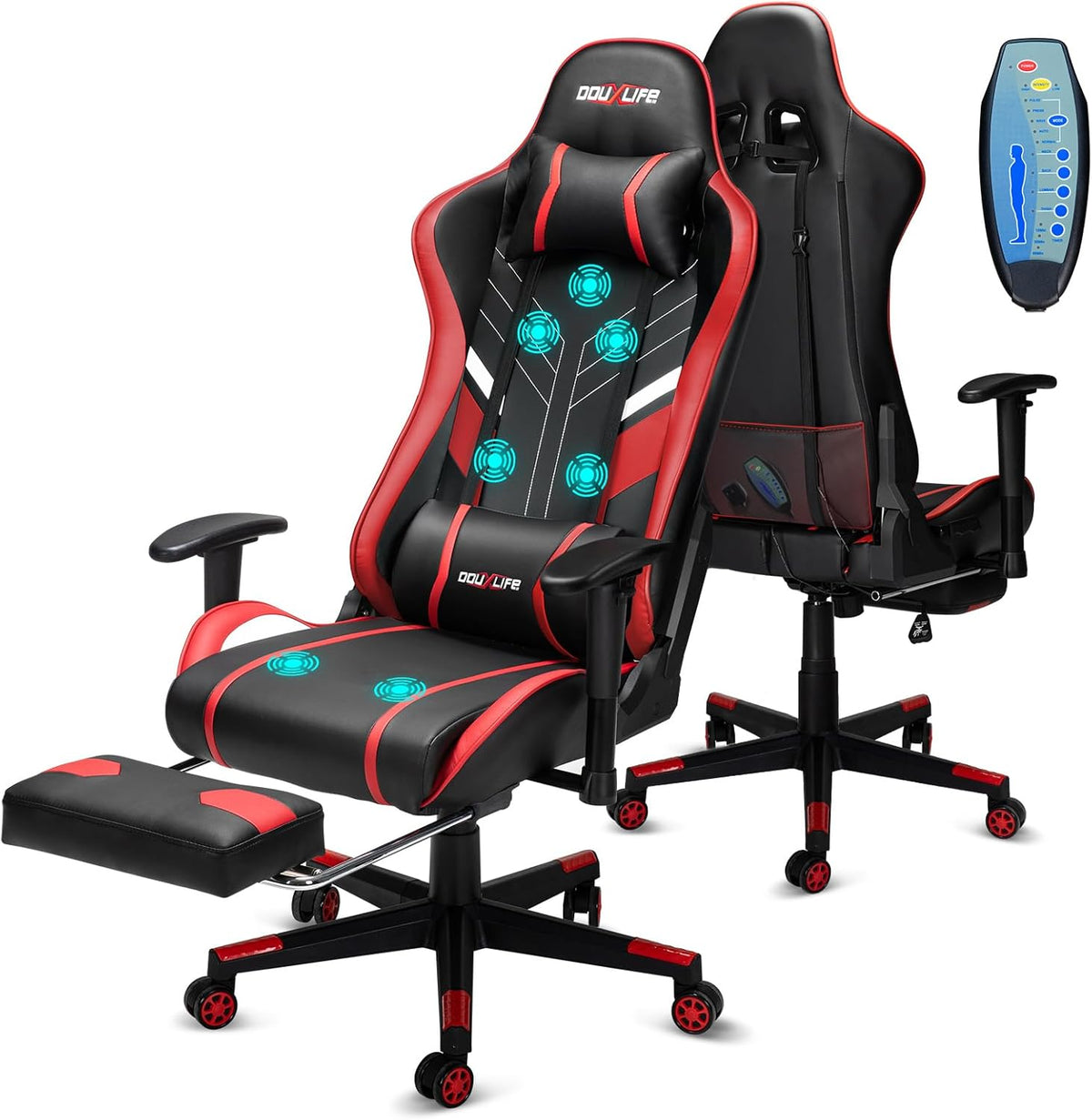 Douxlife Gaming Stoel, met 7-punts Massage, Ergonomische bureaustoel met Voetensteun, 90-175° Rugleuning Instelbaar, Verstelbare 2D-Armleuning, PC-gamerstoel, Bureaustoel, 180 kg, Zwart-rood