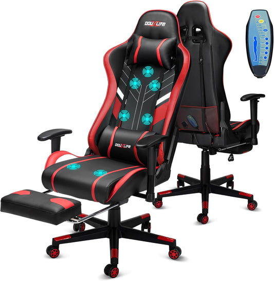 Douxlife Gaming Stoel, met 7-punts Massage, Ergonomische bureaustoel met Voetensteun, 90-175° Rugleuning Instelbaar, Verstelbare 2D-Armleuning, PC-gamerstoel, Bureaustoel, 180 kg, Zwart-rood