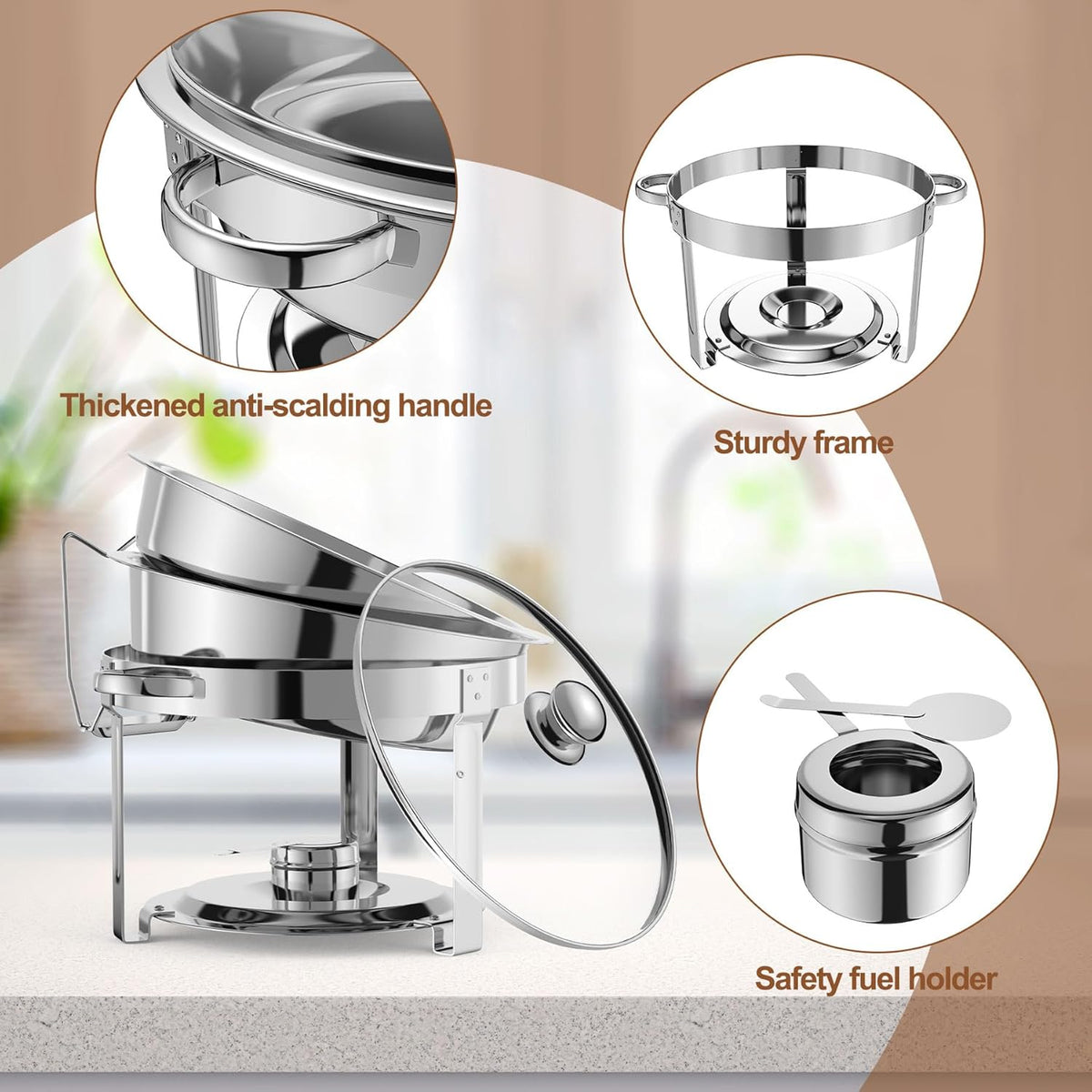 NArra 4-pack ronde 7,5 l Chafing Dish Buffet Set, voedselwarmer met glazen deksel, buffet warmer, roestvrij stalen buffet serveerborden, dikke catering hot pot voor feesten, bruiloften, picknicks