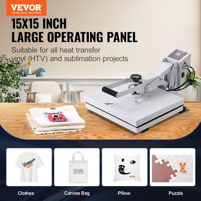 VEVOR Warmtepers, warmtepersmachine voor T-shirts, snel opwarmen, hogedruk-warmtepers 15 x 15, krachtige digitale industriële sublimatieprinter voor warmteoverdracht vinyl