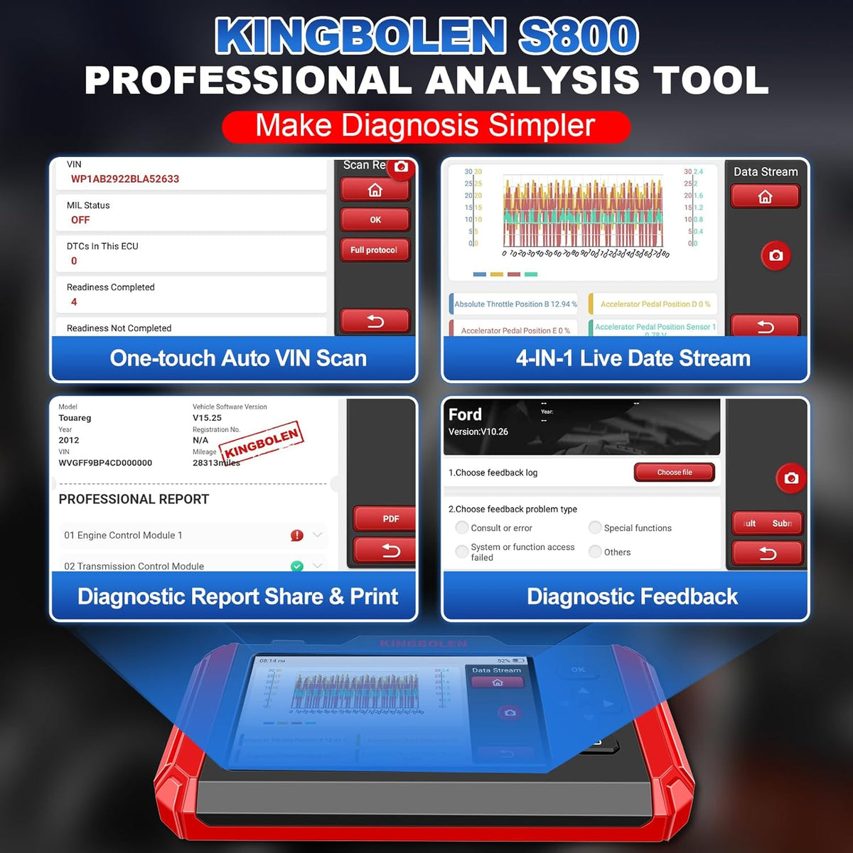 KINGBOLEN S800 OBD2 Codelezer, MOTOR, ABS, SRS, AT 4 Systeem Auto Diagnostische Scan Tool, OBD2 scanner met 15 Reset Service, Auto VIN, 16G ROM (Ondersteunt 256G Uitbreiding), Levenslange Gratis