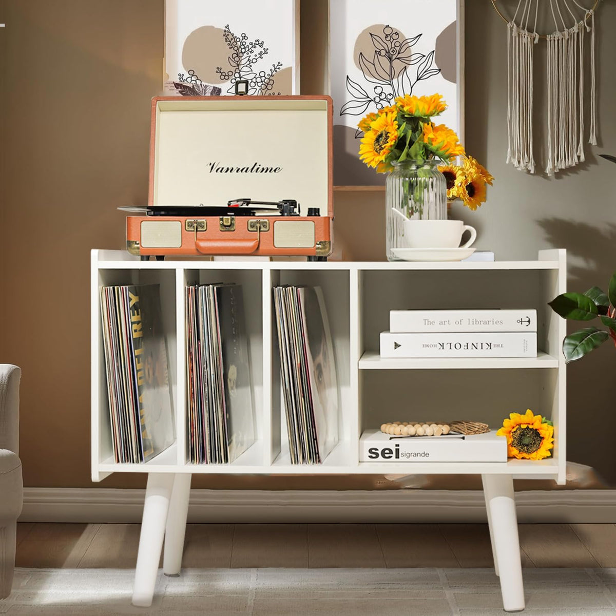 Platenspelerstandaard met vinylopslag voor maximaal 300 lbs, grote platenspelertafelkast voor albumopslag met houder vinyl displayplank, houten draaitafelstandaard voor slaapkamer woonkamer (wit)