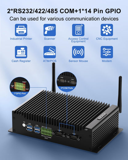 Industrial Mini PC WIN11 Pro, Fanless Pc Core i5-10210U, 16GB DDR4 256GB SSD, Dual HD+DP 4K Triple Display, 2xRS232/485 COM, WIFI6,BT5.2, Dual Gigabit Lan, RTC, Auto Power On