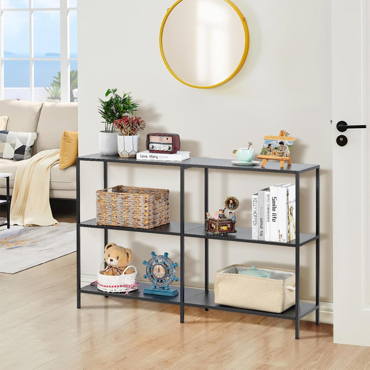 HDANI Metalen consoletafel van 120 cm met 3 niveaus, smalle ingangstafel, moderne sofatafels voor entree, woonkamer, slaapkamer, zwart