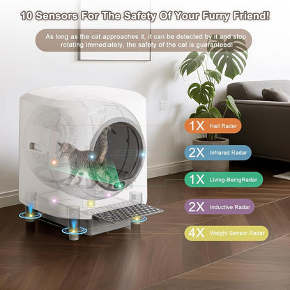Automatische kattenbak Ellenpent zelfreinigende kattenbak met app-bediening en veiligheidssensor, 90 l grote capaciteit voor meerdere katten, Litiere Pour Chat Autonettoyant met 3 rollen poepzakken