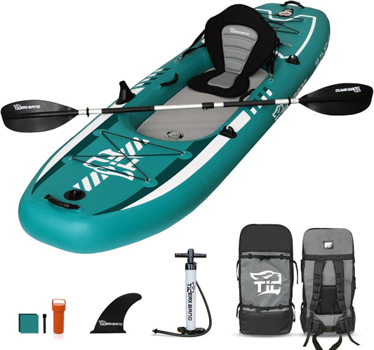 TIGERXBANG 10.2'x35"x8" Opblaasbare Kajak met Afneembare Zitting, SUP-Kajak Set Inclusief HandPomp/Aluminium Qar/Rugzak, Opblaasbare Boot voor Volwassenen/Kinderen | voor Vissen, Touring-Green