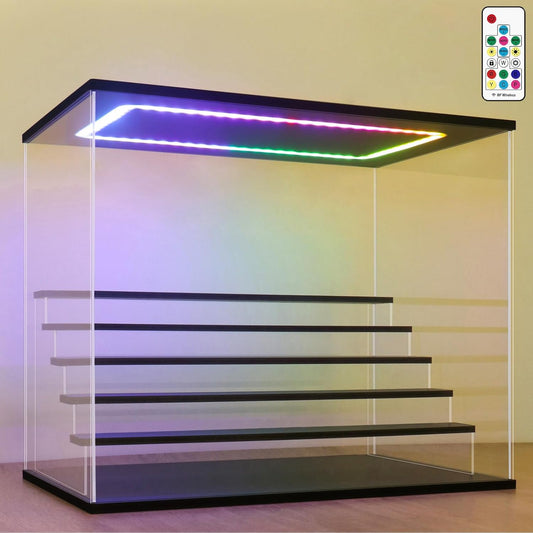 Nonemey Transparante Acryl Vitrinestandaard met Kleurrijk Led Licht,3/4/5/6 Lagen Vitrinekast Stofdichte Organisator Acryl Doos voor Verzamelobjecten Figurines (Zwart, 6Tier-49*30*40 cm)