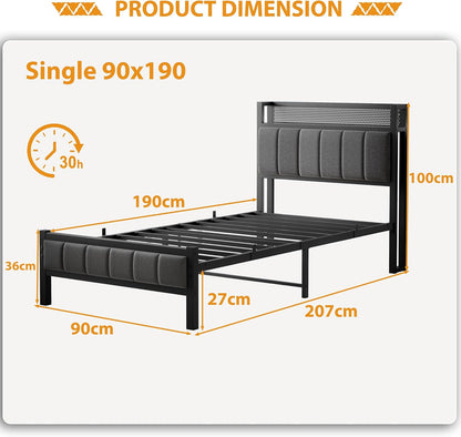 3ft eenpersoonsbedframes met opberghoofdeinde, zwaar metalen bedframe eenpersoons, geen boxspring nodig, solide bedsteadbasis/sterke stalen latten ondersteuning/grijs