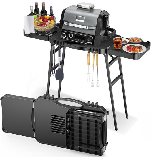 GFTIME Universele draagbare grillwagen voor Enders Urban, Weber Q100/Q200/Q300, Ninja Woodfire, Burnhard Wayne, opvouwbare outdoor grillstandaard met groot werkblad en in hoogte verstelbare poten