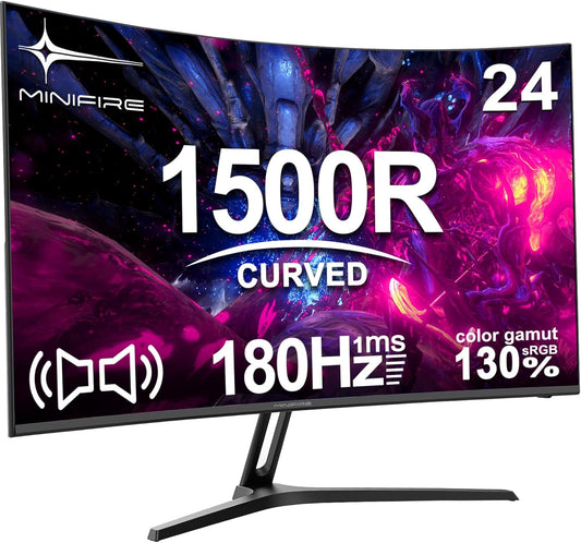 Minifire 24" Curved Gaming Monitor 180Hz, Built-in Speaker, FHD 1920x1080, Crosshair 1ms, sRGB130%, HDR, 1500R, FreeSync, 300cd/m², Frameless, HDMI&DP ports, VESA compatible, eye care - QUORE