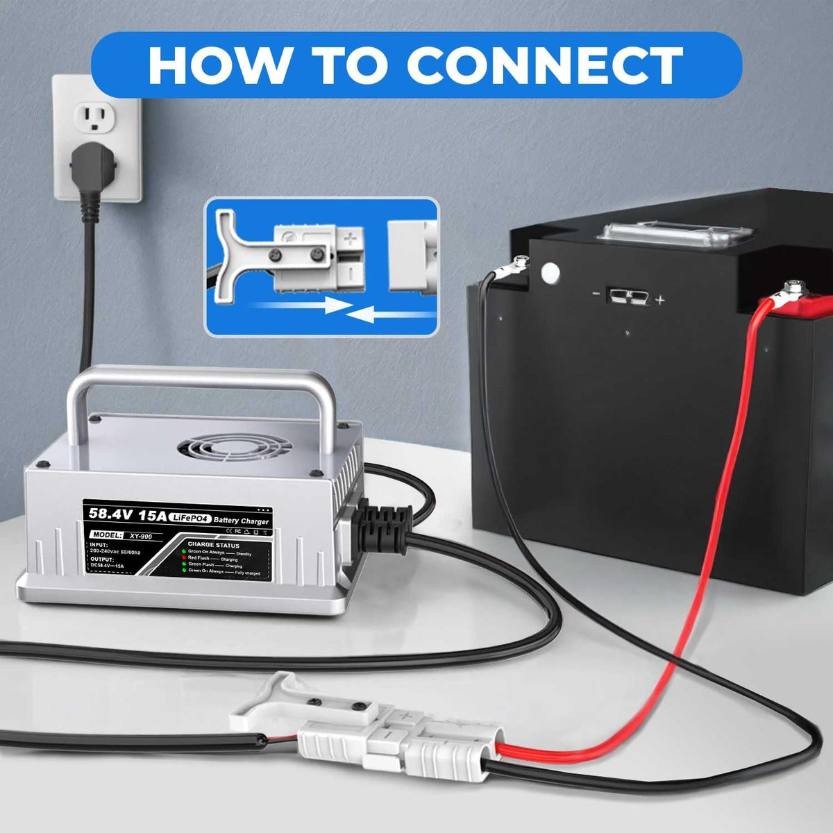 LiFePO4 Oplader – Batterijlader – Acculader – Snellader – 48 V Lithium-IJzerfosfaat – 58,4 V 15 A – Beveiligd Laden – Automatische Stopfunctie