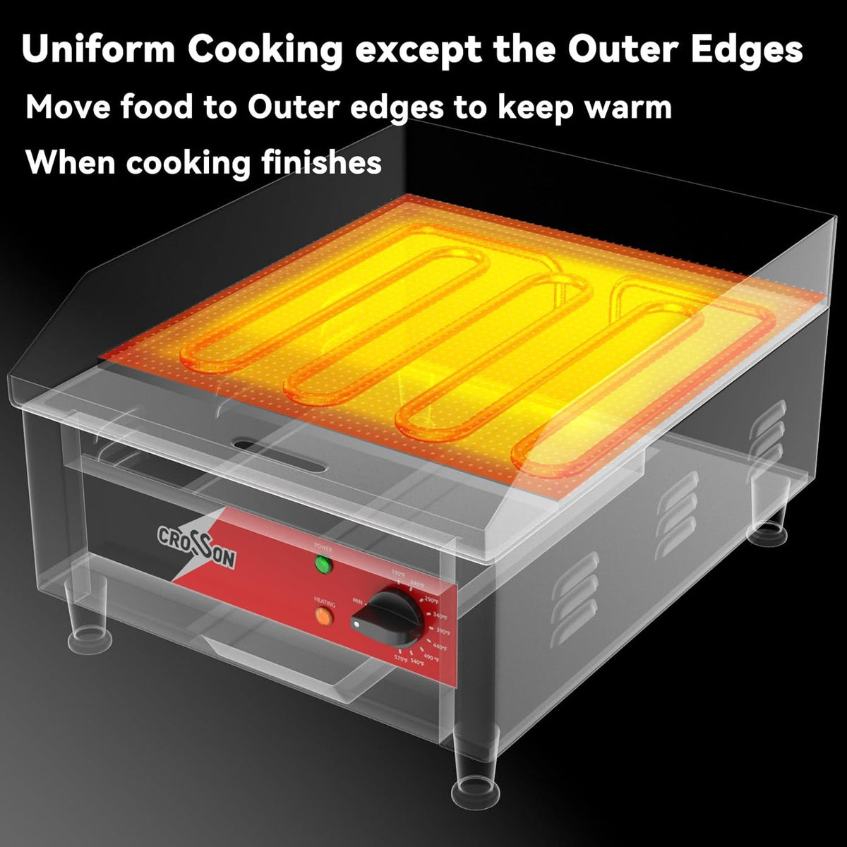 CROSSON Professionele Gastro Grillplaat 2500W,Elektrische Grill van Roestvrij Staal,Glad Oppervlak Kookoppervlak 40 x 40 cm,temperatuur 88-300 °C,voor restaurant en thuisgebruik