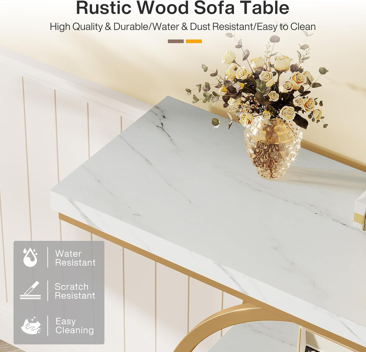 Tribesigns Console Table 105cm with 4 Levels, Narrow Industrial Sofa Table with Round Metal Frame, Wooden Entrance Table with Storage Racks for Living Room (White Gold)