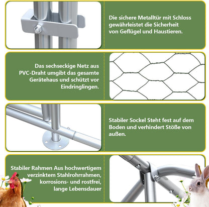 3 x 6 x 2 m chicken coop with door and latch, for chickens, rabbits, geese, pigeons and quails, metal run with net - QUORE