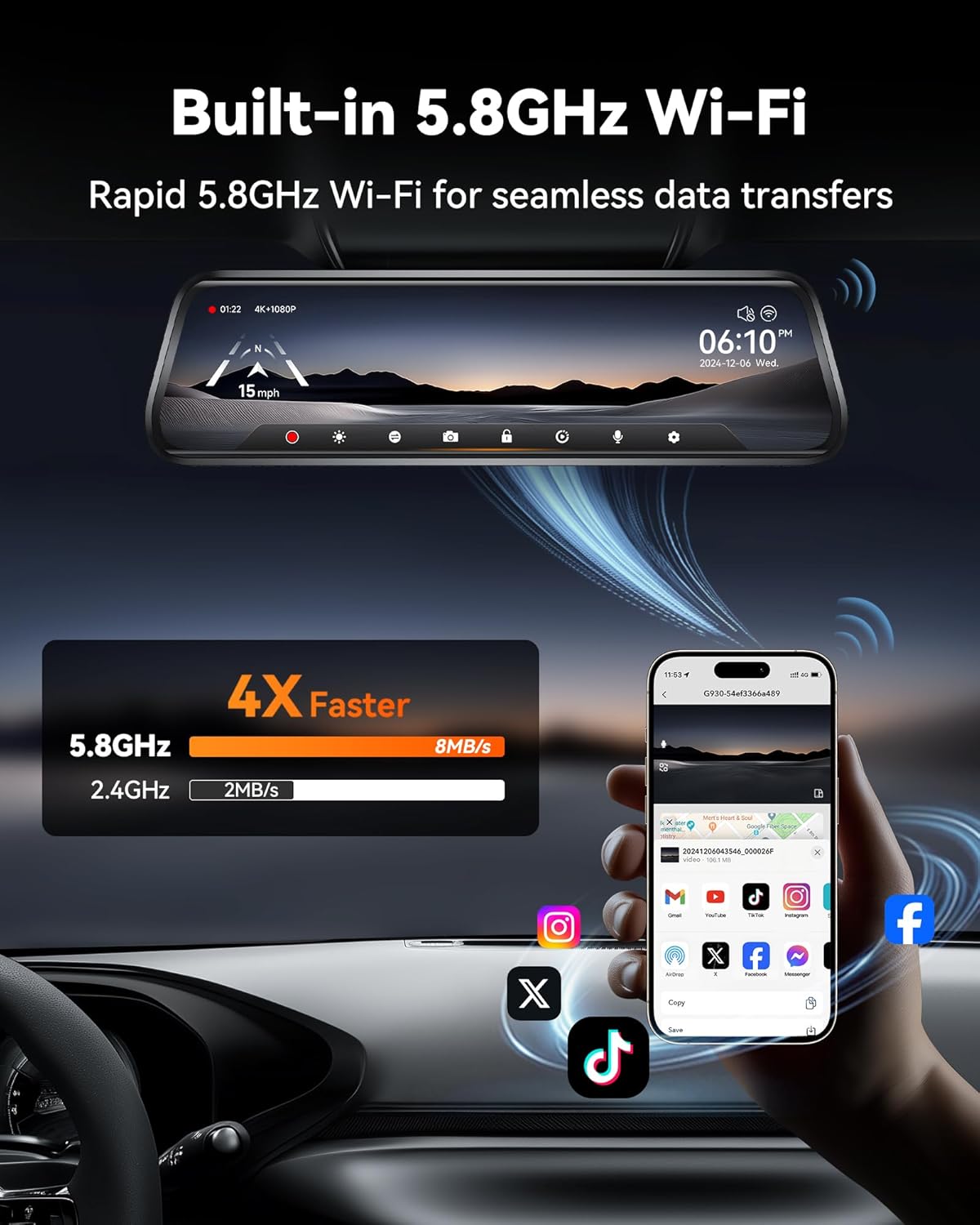 Achteruitkijkspiegelcamera – Dashcam Auto – Spiegelcamera – Achteruitrijcamera – 4K Voor- en Achtercamera – 10 Inch Touchscreen – Parkeerbewaking & GPS Tracking - QUORE