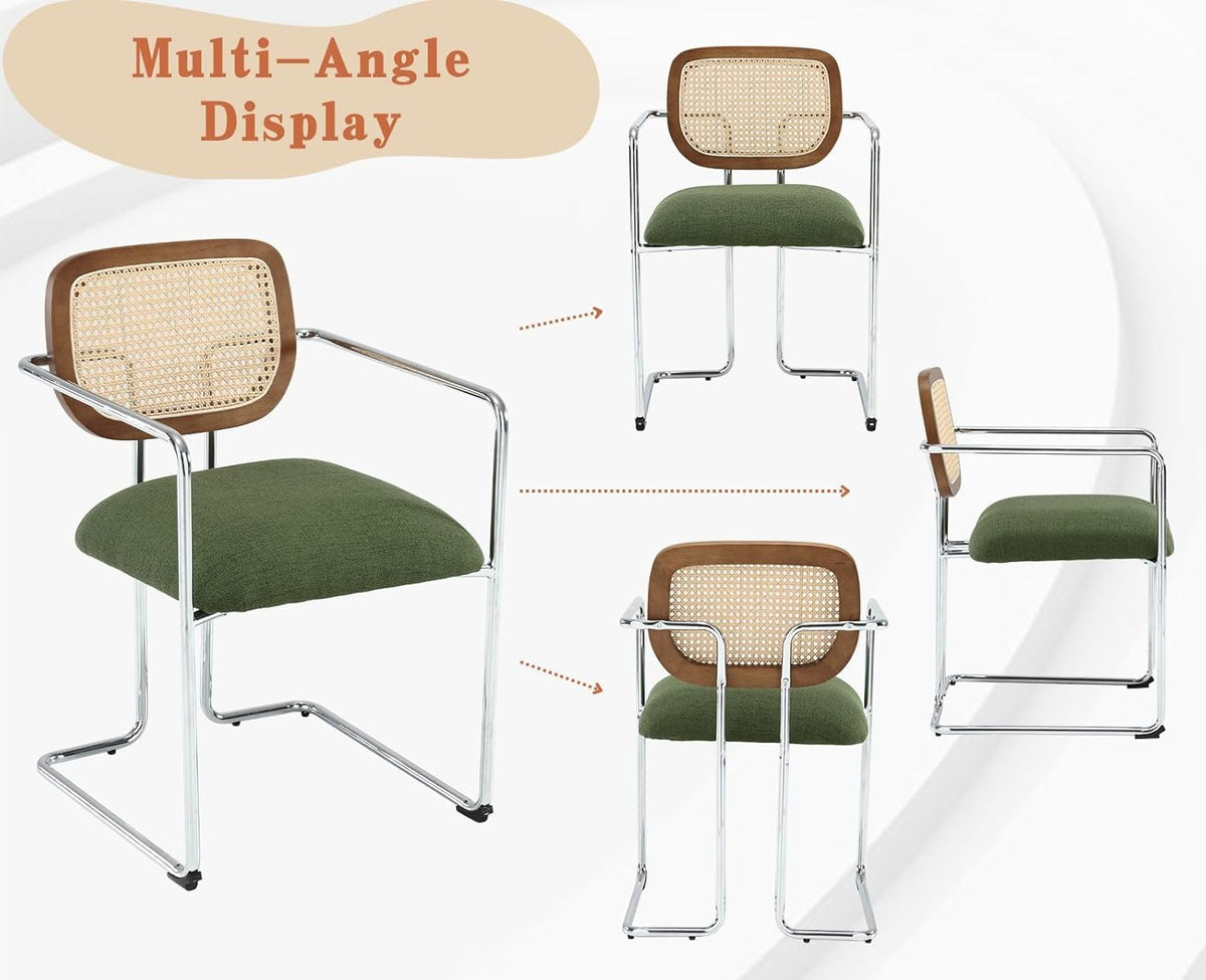 chairus Upholstered Dining Chairs Set of 2 Kitchen Accent Chairs with Rattan Backrest Modern Linen Armchair (Green) - QUORE