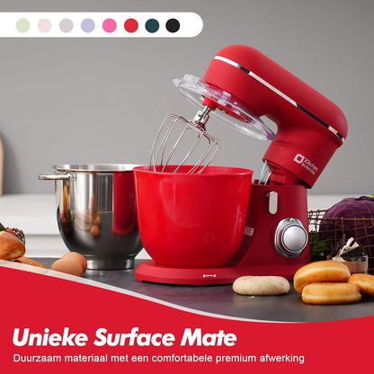 Kitchen in the Box Keukenmachine, 1300W, 10 snelheden, 4.5L + 5L mengkommen, elektrische standmixer met garde, klopper en deeghaak (Rood, 4.5L)