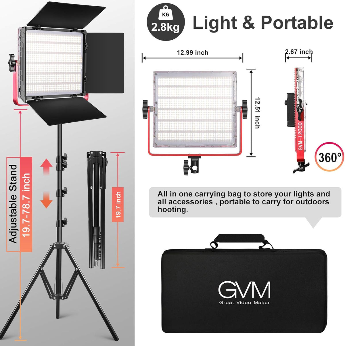 GVM LED videolicht RGB, 50W LED video verlichting met APP-bediening, 1200D fotografie verlichting voor videolicht voor studio video youtube fotografie studioset, 3200K-5600K, aluminiumlegering, CRI 97