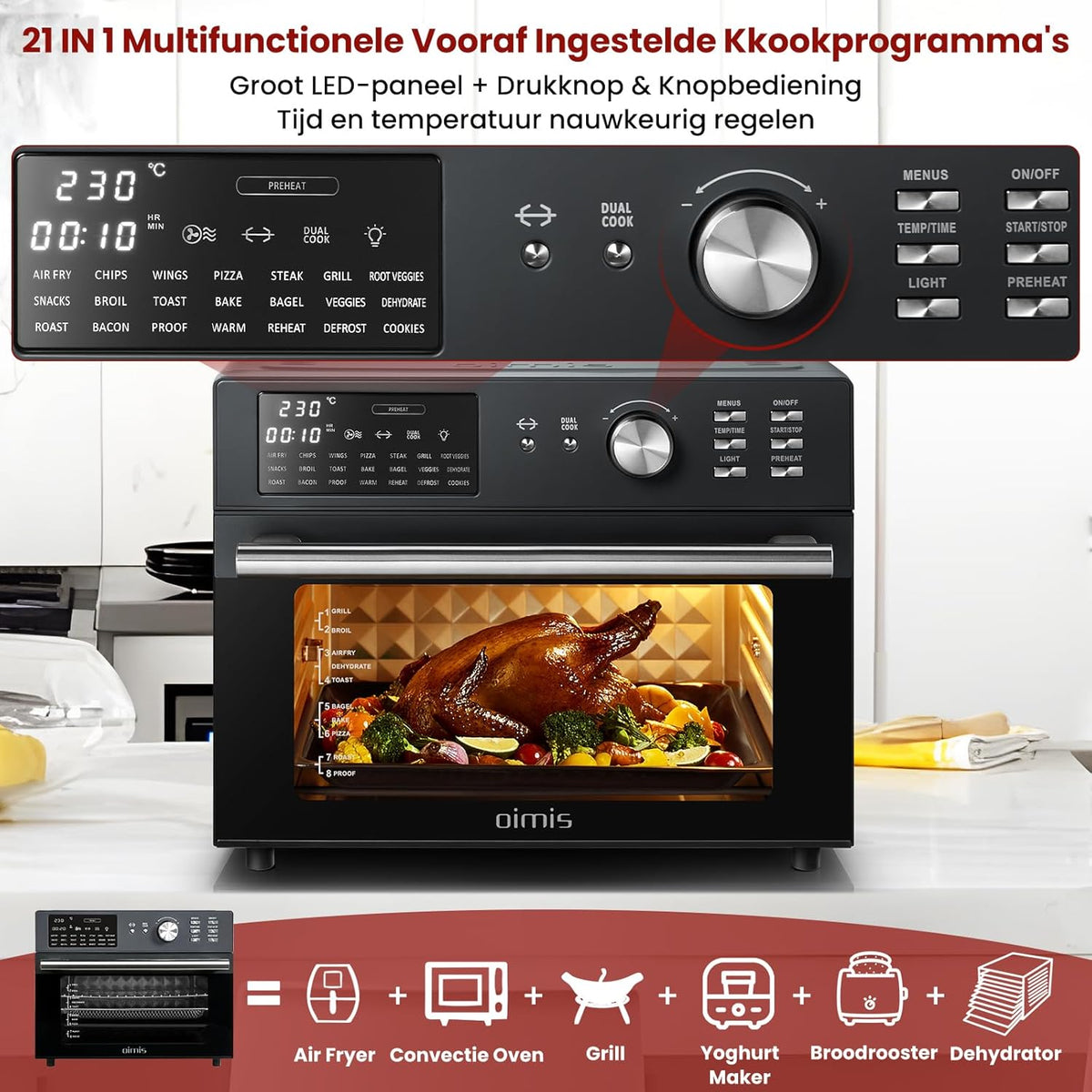 Heteluchtfriteuse 30L, 21 Programma's, XXL Oven met Luchtfriteuse, Multifunctionele Heteluchtoven, Dubbele cook, Roosteren, Drogen, 6 Accessoires met Recepten, 30℃-230℃, 1800W, NEE Draaikorf