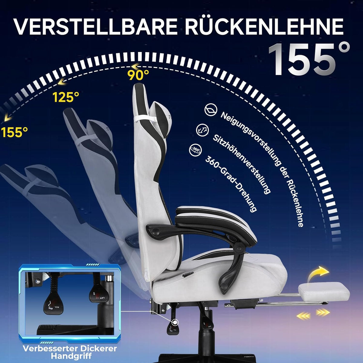 GTPLAYER Ergonomic Gaming Chair, Technical Fabric, with Lumbar Support, Computer Chair with Extended Backrest, Supports up to 150 kg, Grey - QUORE