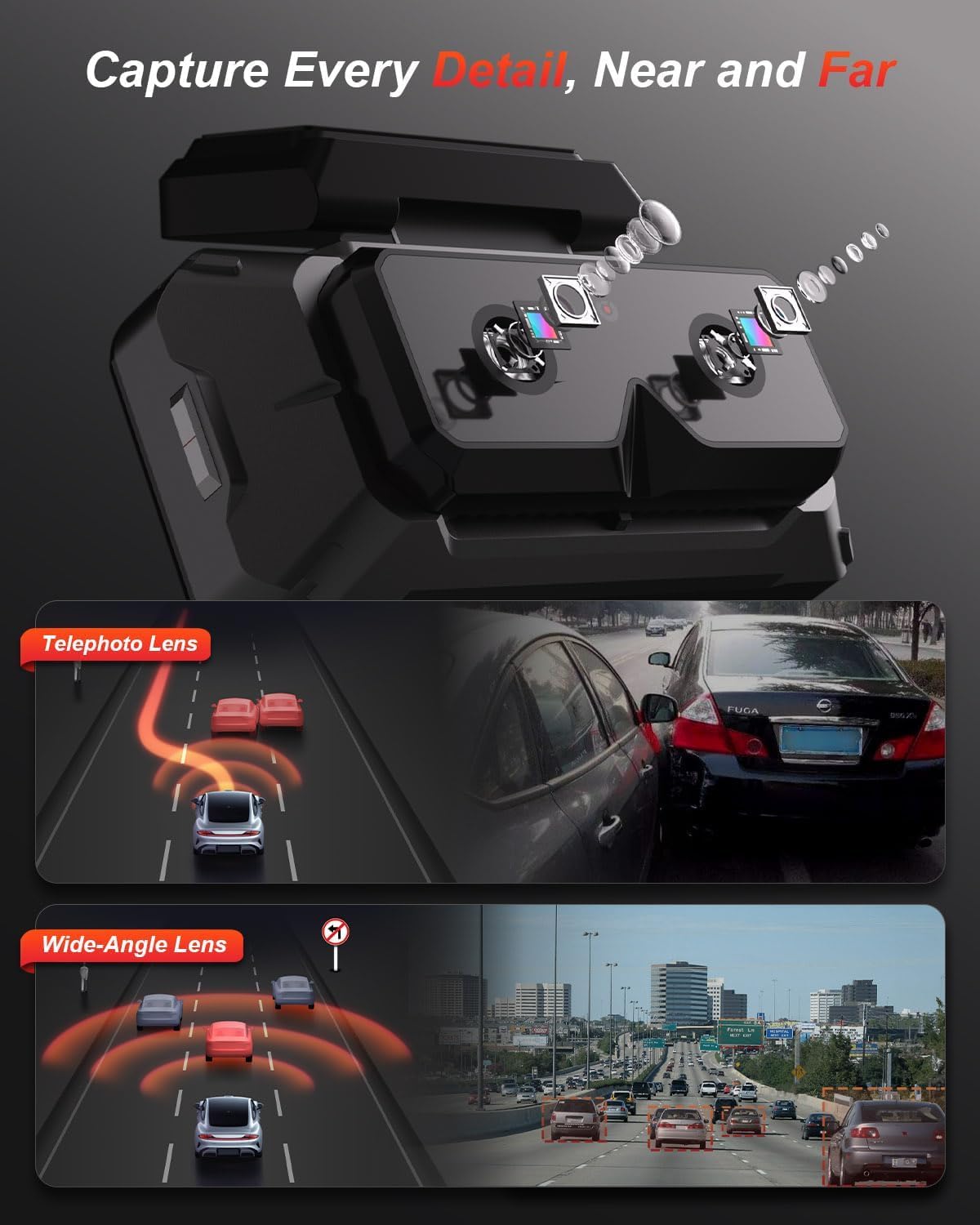 AKEEYO-EYES 2K 5 GHz WiFi dashcam voor en achter, 4 inch IPS touchscreen, dashcamera voor auto, 3 kanalen dashcam, GPS, ADAS & BSD, nachtzicht, WDR, spraakbediening, app, G-sensor, 24H parkeermodus +