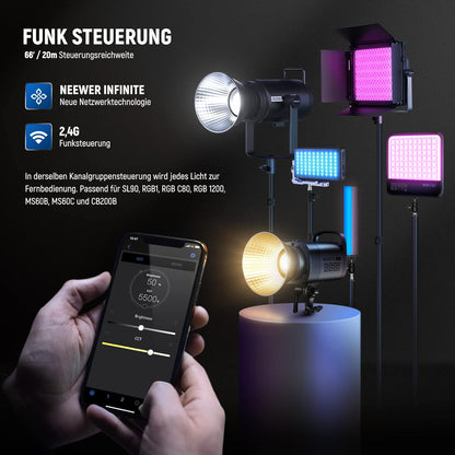 NEEWER CB60B 70W LED videolamp studiolicht 2,4G/APP bediening, COB Bi-Color Studio continu licht 2700K-6500K 34000Lux@1m/CCT modus/CRI97+/12 scènes Bowens houder voor fotografie videoverlichting