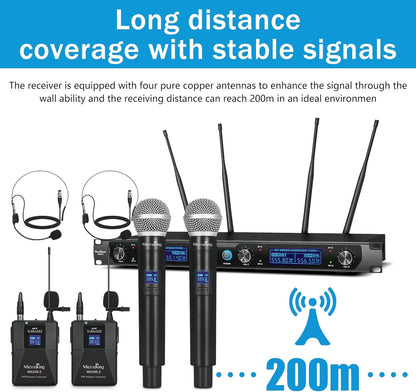 Draadloos microfoonsysteem – Draadloze microfoonset – UHF microfoonset – Karaoke microfoonset – 4-Kanaals Set Met 2 Handmicrofoons, 2 Bodypacks En 2 Headsets – Stabiele Vaste Frequentie – Metalen Behuizing