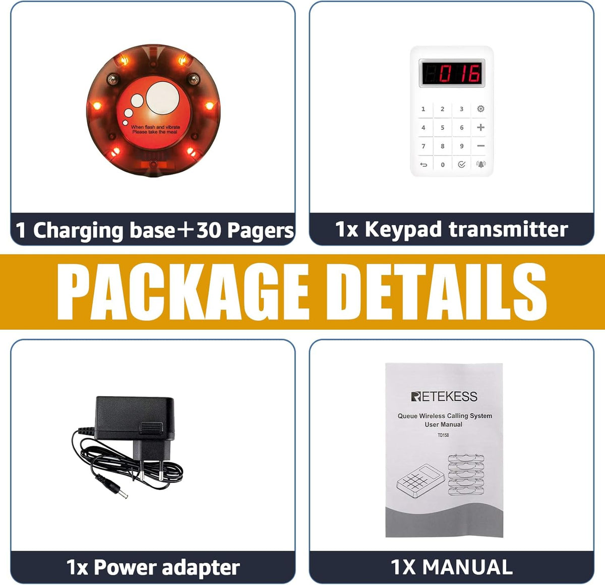 Retekess TD158 Calling System Restaurant, 30 Permone System, Outdoor 500M, LED Tube Display, 4 Call Modes, Talk Time 1-250s, Pager Restaurant, Food Truck, Hotel, Bar - QUORE