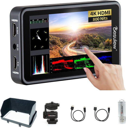 Desview R5II Camera Field Monitor 5.5 inch, Touchscreen 4K HDMI Hoge Helderheid DSLR Camera Monitor met Zonnescherm Hood, 1920X1080 FHD Waveform 3D LUT Video Peaking Focus Assist