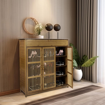 unho Bamboe schoenopbergkast: houten schoenenrek organizer met 3 holle deur en lade voor hal entree 4 niveaus