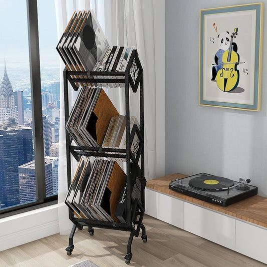 Vinyl Opbergrek Op Wielen – Platenrek – LP Opbergrek – Vinyl Rek – Platenhouder – Tot 150 LP’s – Stevig Metalen Frame Met Poedercoating