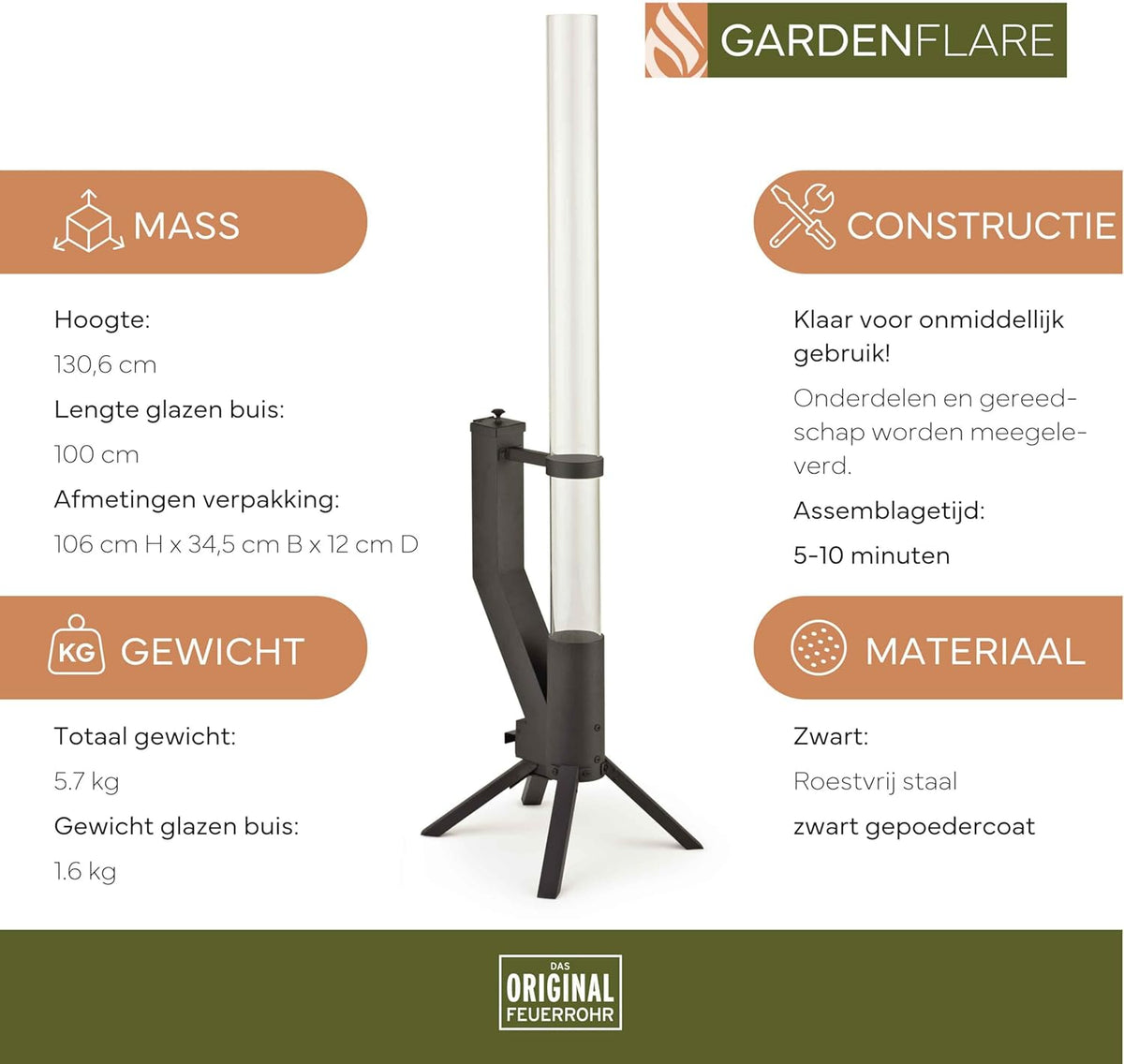 Vuurbuis, roestvrijstalen vuurzuil en pelletfakkel voor een geweldig sfeervuur, elegante terrasverwarmer en tuinhaard, alternatief voor je terras en tuin (zwart gepoedercoat)