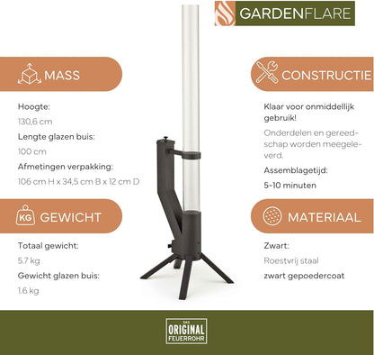 Vuurbuis, roestvrijstalen vuurzuil en pelletfakkel voor een geweldig sfeervuur, elegante terrasverwarmer en tuinhaard, alternatief voor je terras en tuin (zwart gepoedercoat)