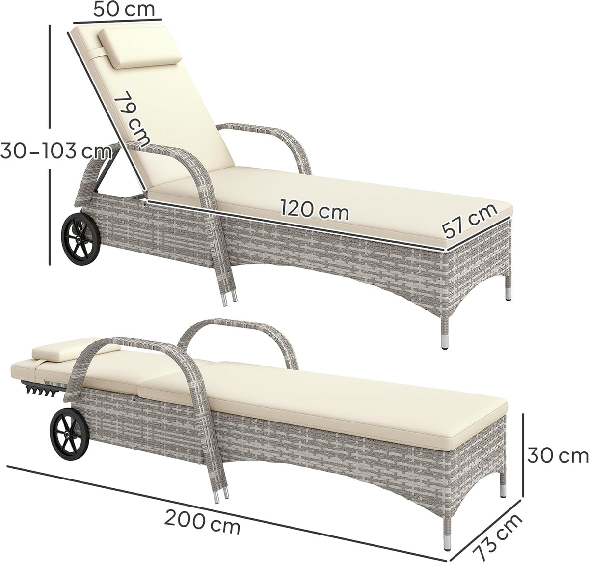 Outsunny Sun lounger lounger for sun lounger, great comfort: mattress, headrest, adjustable inclination, multiple positions, armrests, polyrattan wheels, light grey
