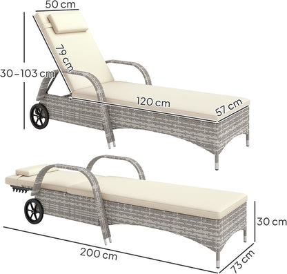 Outsunny Sun lounger lounger for sun lounger, great comfort: mattress, headrest, adjustable inclination, multiple positions, armrests, polyrattan wheels, light grey