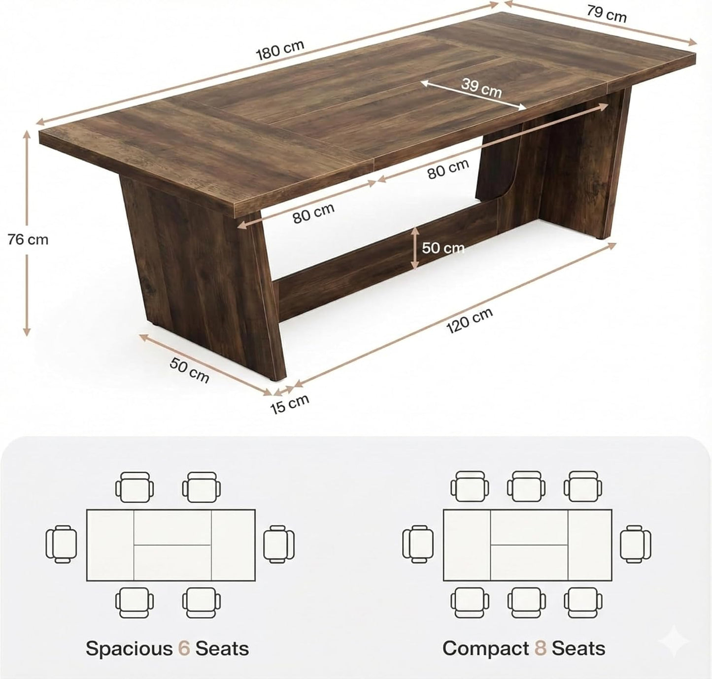 Lailang 180cm Eettafel, Eetkamertafel Rechthoekige, Industrial Dining Table, Houten Eettafel, Dining Table For 6 8, Large Dining Room Table, 180 x 80 x 76 cm, Rustic Brown