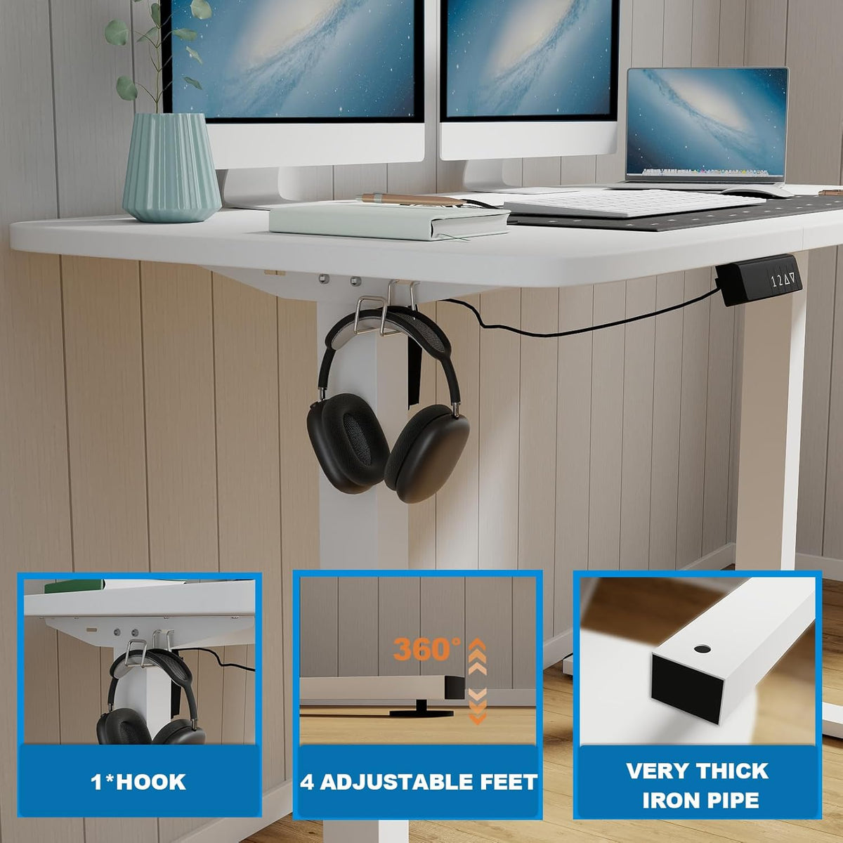 Desk, Height Adjustable, Electric, 120 x 60 cm, Computer Table with Memory Control, Ergonomic Standing Desk, White - QUORE