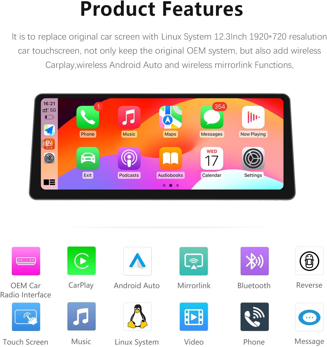 12,3 Inch Touchscreen Auto Multimedia Systeem – Autoradio Navigatie Scherm Android Auto CarPlay – Dual Systeem Linux + Origineel – HD 1920x720 IN-CELL Display – Geïntegreerde DSP 16-Bands Equalizer