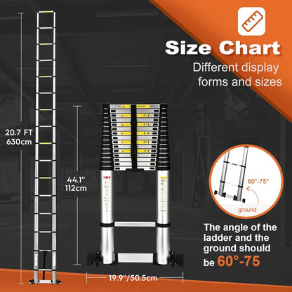 HBTower Telescopische ladder met antislipvoeten, 6,3 m verdikte aluminium uitschuifbare ladders met hoge sterkte, verstelbare hoogte, inklapbare ladder voor caravanzolders, buiten en interieur, zilver