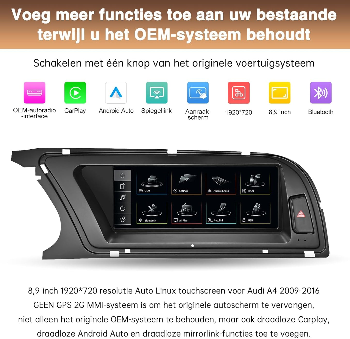 Autoradio's voor Audi A4 Touchscreenradio 8,9 inch voor A4 2009-2015 met 2G MMI-systeem Carplay Android Auto-display