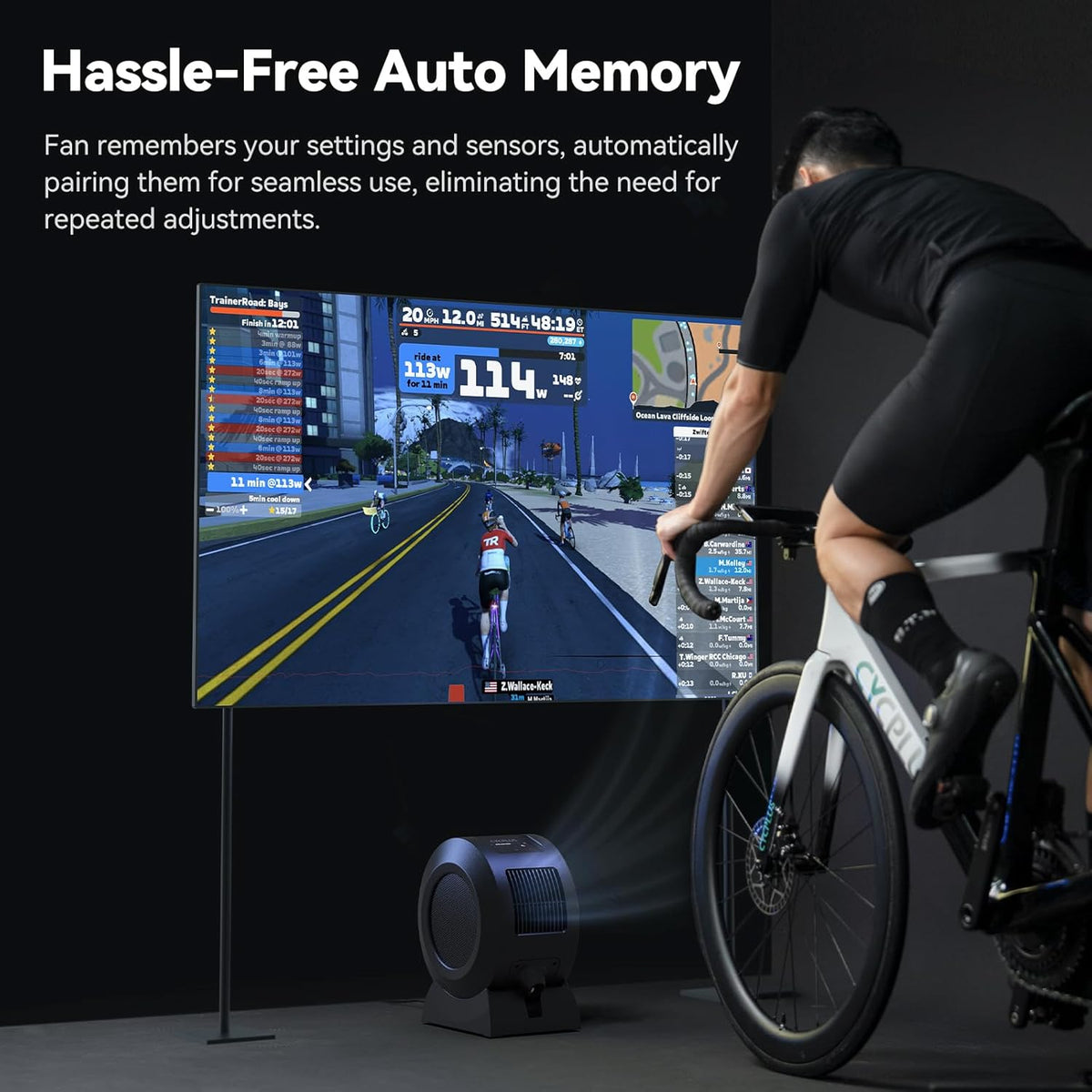 CYCPLUS Slimme indoor fietsventilator, BLDC motoraandrijving, 5 snelheidsmodi met afstandsbediening en app-bediening, geluidsarme Bluetooth/ANT+-ventilator voor indoor fietstrainers, stationaire