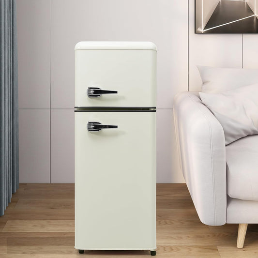 Generisch Retro refrigerator, 92 litres, fridge-freezer, two-door, compact design for kitchen and living room, energy efficiency class D with 7 temperature control - QUORE