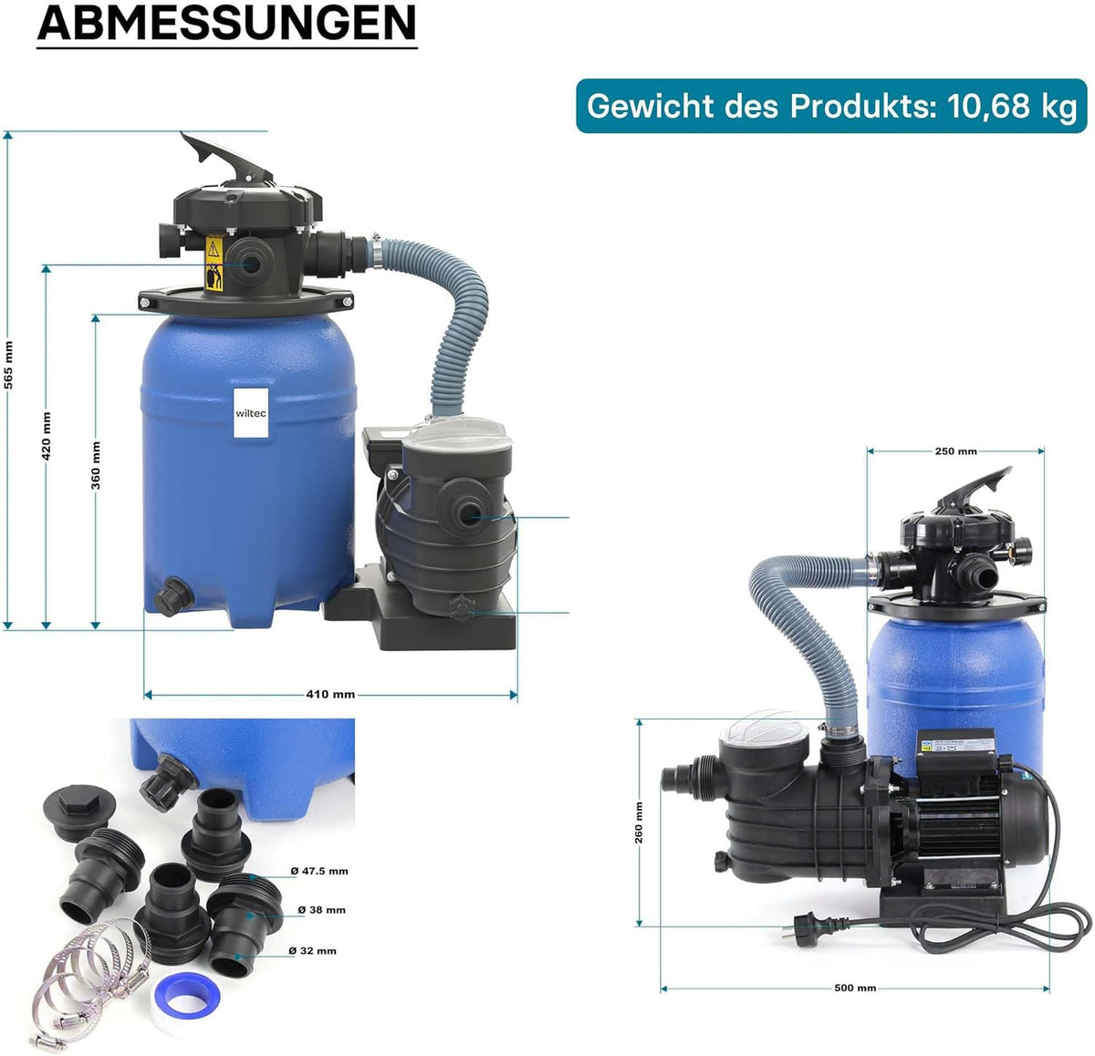 Wiltec zandfiltersysteem 250 W met 14 liter filtertank en zelfaanzuiging 10.000 l/h poolpomp