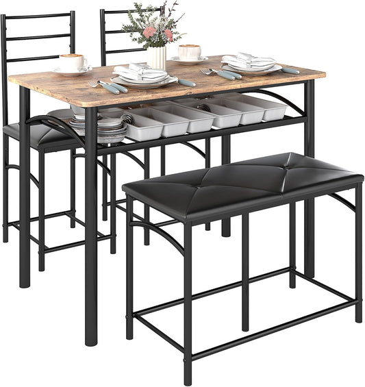 HOMCOM 4-tlg. Essgruppe, Esstisch mit 2 Stühlen, Bank, Platzsparende Esszimmergruppe, Esstisch-Set für kleine Räume, Küche, Esszimmer, Braun - QUORE