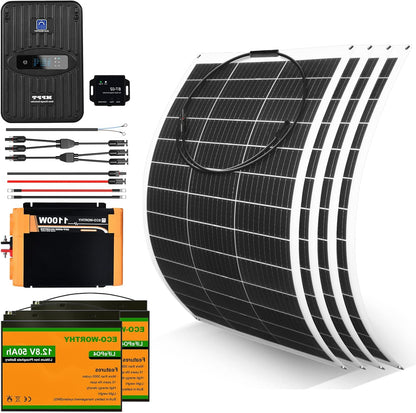 Zonne-energiesysteem – Solar Set – Zonnepanelen Systeem – Mobiel Zonnepaneel – Flexibel Zonnepaneel – 520 W Compleet – 2 x 100 Ah LifePO4 Batterijen – 1100 W Zuivere Sinus Omvormer