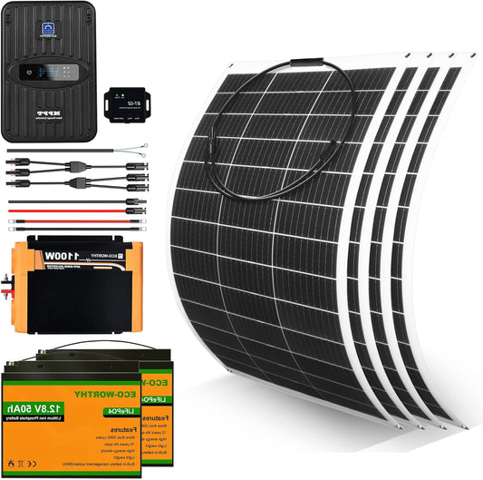 Zonne-energiesysteem – Solar Set – Zonnepanelen Systeem – Mobiel Zonnepaneel – Flexibel Zonnepaneel – 520 W Compleet – 2 x 100 Ah LifePO4 Batterijen – 1100 W Zuivere Sinus Omvormer